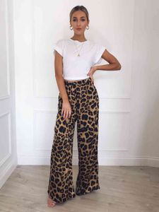 USA Damen High Waist Plain Palazzo Wide Leg Flared Damen Lose Hose Hosen Elegent Leopardenmuster Hose mit weitem Bein Y211115