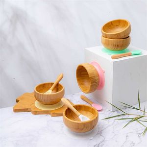 Baby Dinner Plate Feeding Bowl Children's Dishes Wooden Kids Dinnerware With Silicone Suction Cup Spoon 211012