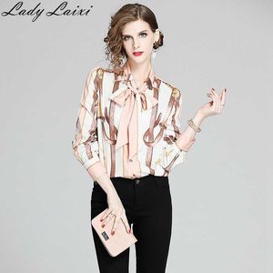 Sommarkontor Ladies Chain Print Blouse Shirt Högkvalitativa toppar Mode Kvinnor Långärmad Bow Collar Elegant Top 210529