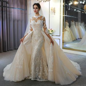 Luxury Champagne Mermaid Bröllopsklänningar Avtagbar Tåg Hög Neck Lace Appliques Illusion Bridal Dress Vestido de Noiva Robe de Marie 2022