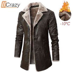 Ucrazy Men Winter Casual Long Thick Fleece Leather Jacket Parkas Outfit Warm Vintage Pocket Faux Coat 210923