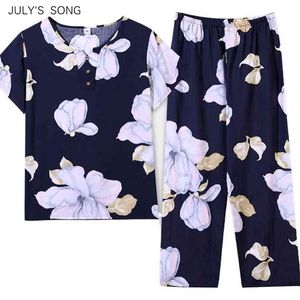 Juli sång casual plus storlek kvinnor pyjamas set sommar vår blommig tryckt nattkläder homewear vintage lösa pyjamas kvinnlig 210830
