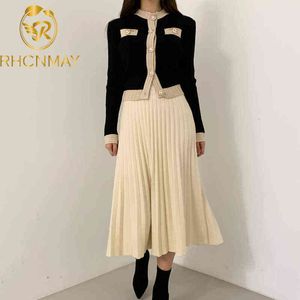 Vintage Ladies Knitted 2 Piece Skirt Suits Sets Women Single Breasted Pearl Buttons Cardigan + Pleated Long Skirt Suit 211119