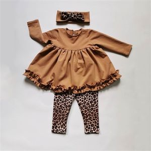 Sonbahar Kış Yürüyor Çocuk Bebek Kız Giysileri Eşofman Setleri Fırfır Uzun Kollu Tops Leopar Pantolon Şapkalar Kıyafetler 211021
