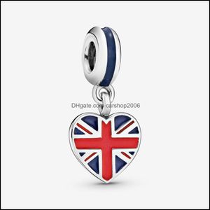 Takılar Mücevher Bulguları Bileşenler Geliş 925 Sterling Sier İngiliz Union Jack Flag Heart Dangle Charm Fit Orijinal Avrupa Bilezik Fas