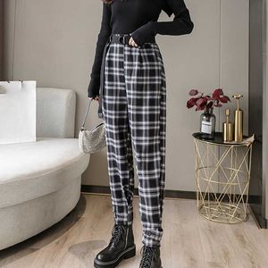 2021 Nowe Kobiety Lato Harajuku Plaid Vintage Spodnie Wysokiej Talia Harem Spodnie Moda Casual Streetwear Spodnie Letnie Spodnie Kobiet Q0801