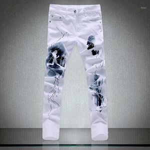 Mäns Jeans Män Casual Denim Lång Design Koreanska Stil Stretch Slim Fit White Print Fashion Dropship Plus Storlek 28-42