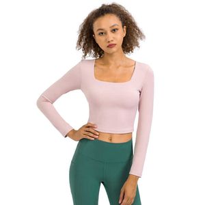 Ginásio Roupas Yoga Roupas Mulheres Tops Cores Sólidas Alta Elastic U Neck Camisa Com Peito Almofada Esportes Sutiã Manga Longa Sexy Running Fitness T-shirt