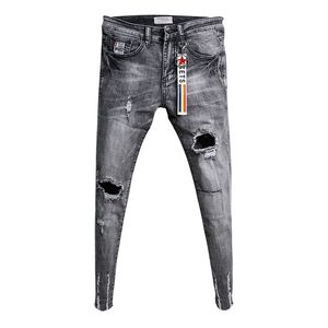 Ripped pants trendy men's slim jeans Korean retro ankle length teenager social youth feet hair stylist pencil 211108