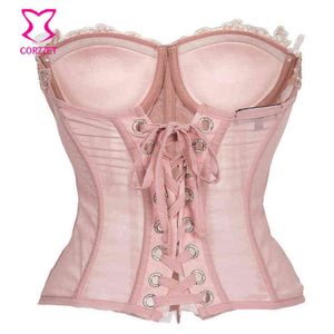 Nxy sexig uppsättning rosa chiffong med blommiga applikationer gotiska corselet espartilhos e corpetes sexig korsett burlesque underkläder push up bustier toppar 1130