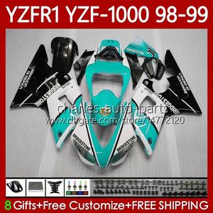 OEM Fairings för Yamaha YZF-R1 YZF1000 YZF R 1 1000 CC YZFR1 98 99 00 01 Bodywork 82No.98 YZF R1 1000CC 1998 1999 2000 2001 YZF-1000 98-01 Motorcykel Body Kit Black Cyan