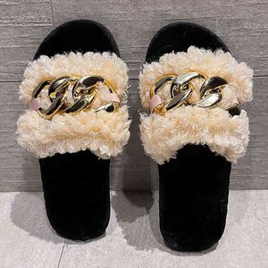 Lovely Women Fur Slippers Curled Psh 2021 Fashion Chain Decorate Keep Warm Home Faux Soft Solid Color Flat