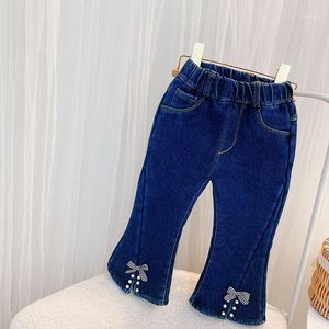 Jeans höst vinter barn barn plaid båge beading denim split boot flare byxor casual girls mode tjocka fleece varma byxor