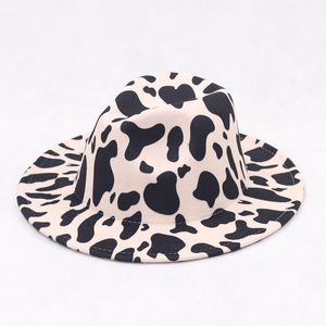 2021 New Black White Cow Print Wide Brim Fedora Hats for Women Party Festival Dress Men Jazz Cap Goth Top Vintage Wedding Hat