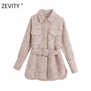 ZEVITY Frauen Vintage Taschen-Tweed-Wollschärpenmantel weibliche Langarm-Perlenknöpfe Outwear-Mantel lässig schicke Jacke Tops CT571 210603