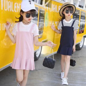 Dresses Girls 'Summer Fashion New Youth Striped Suspenders Krótki rękaw Sukienka Księżniczka Dzieci Ubrania Dziewczyny Sukienka Hurtownie Q0716