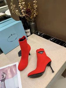 Herbst Winter Rundkopf Thin Heel Socken Elastische Stiefel Vielseitige Mode Seite Logo Design Größe 34-41