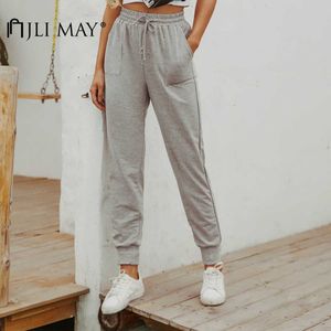 JLI May Women 's Joggers 바지 코튼 캐주얼 솔리드 드로우 스트링 패치 워크 포켓 스트레이트 하이 허리 스포츠 스웨트 Q0801