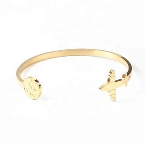 Wholesale stamp world resale online - Yiwu Aceon Stainless Steel Travel the World Letter Stamped Open Cuff Stylish Map Disc Airplane Bracelet
