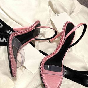 Höga klackskor Öppen tå strass transparent fotled-remkvinnor sommaren mitt rosa sandaler kvinnor tofflor