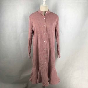 PERHAPS U Pink Stand Collar Long Sleeve Loose Ruffle Solid Ruffle Button Knee Length Dress Sheath Corduroy Dress Autumn D0866 210529