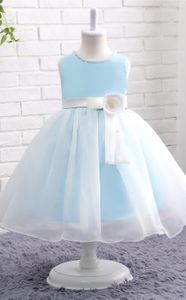 Прекрасный Shor Mini Sky Blue Kids Девочки Формальное платье Цветочное Девушка Платье для Свадьбы Партия с ручной работы Цветы