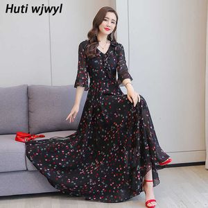 2021 Koreanska kvinnor Bodycon Party Maxi Vestidos Summer Vintage Plus Storlek Boho Long Sundrfloral Chiffon Casual Beach Midi Dress X0621