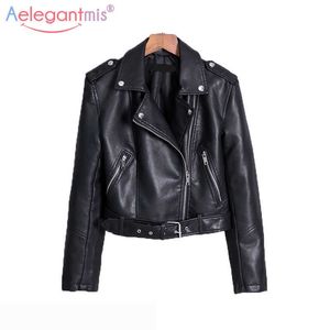 Aelegantmis Höst Vinter Svart Kvinnor Faux Läder Jackor Mjuk Kort PU Ladies Motorcykel Biker Coat 210607