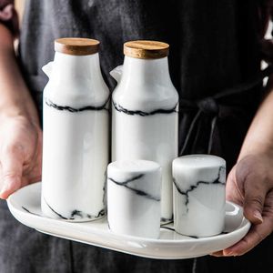 Ceramic Salt And Pepper Oil Set with Wooden Lid Soy Sauce Vinegar Bottle Kitchen Restaurant Storage Tools