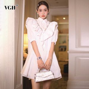 Sweet Patchwork Diamonds Dress For Women Lapel Puff Half Sleeve Korean Loose Mini Dresses Female Summer Fashion Clothes 210531
