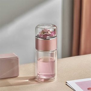 Hög vattenbåtkvalitet dubbel glas vattenflaska med fall te dricka infuser tumbler drinkware miljövänlig söt 211122