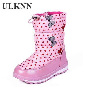 ULKNN Winter Plus Velvet Girls Snow Boots Heart Shape Kids Plush Warm Shoes For Big Children Non-Slip 211108