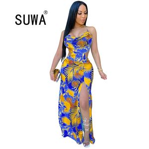 Donne Leaf Print Halter Neck Open Back High Split Maxi Dress Sexy Party Club Bandage Piano Lunghezza Abiti lunghi Vestidos Elegante 210525