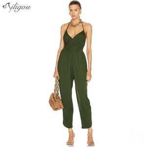 Free Summer Women's Army Green Sexy Sleeveless Halter V-neck Pleated Celebrity Party Jumpsuit 210525