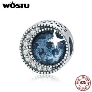 Wostu Sparking Blue Stars Koraliki 925 Sterling Silver Cyrkon Okrągłe Charms Fit Oryginalna Bransoletka Wisiorek Dla Kobiet Biżuteria CTC229 Q0531