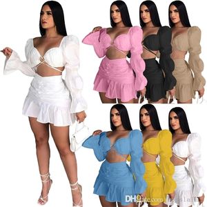 Girls Two Piece Dress Outfits 2022 Spring New Style Spuare Neck Lantern Sleeve Tops + Short Pleated Skirt Fashion Ladies Suit