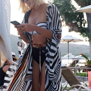 Bohemian Printed Bikini Cover Ups Elegant Self Belted Kimono Dress Tunic Women Plus Size Beach Wear Swim Suit Up 210629