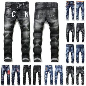 Erkek kot pantolon serin ripler streç tasarımcı d2 sıkıntılı yırtık bisikletçi ince fit yıkanmış motosiklet denim erkekler hop moda adam pantolon nakış pantolonları dsquare kot pantolon