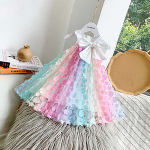 Infant Toddler Baby Girl Robe sans manches, Cute Bow Front 3D Flower Rainbow A Line Dress 2-7Y Q0716