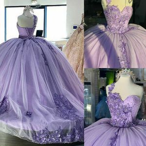 Purple Appliques Kościa długi bal plus w rozmiarze jedno ramię wykonane ręce kwiat Quinceanera Sweet 16 Princess Party Evening Suknie 328 328