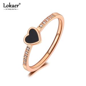 Lokaer na moda titânio aço inoxidável preto acrílico amor coração anéis cz cristal coração anel de noivado para mulheres meninas R20027 x0715