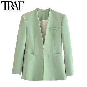 TRAF Mulheres Moda Escritório Desgaste Colar Desgaste Blazer Casaco Vintage Manga Longa Welt Pockets Feminino Outerwear Chic Veste 210930