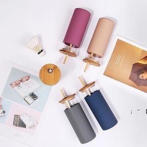 500Ml Glass Water Tea Tumblers Bottles Bamboo Lid Silicone Sleeve Coffee Drinking bottle With Straw RRA10386