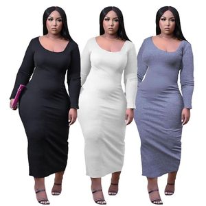 Vestidos Casuais Outono Temperamento Senhoras Plus Size Women's Roupas U-Pescoço Cor Sólida Slim Sexy Dress Adequado Para Noturnas