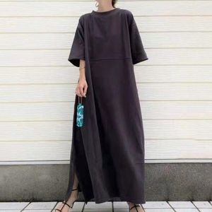 Casual Dresses 2021 Japanese Round Neck Short Sleeve Loose Simple Dress Solid Color Long Skirt Temperament Women's Summer