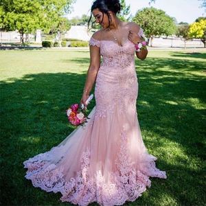 Pink Off Shoulder Full Lace Mermaid Evening Dresses Plus Size 2021 with Appliques Sweep Train Short Sleeves Formal Prom Party Gowns