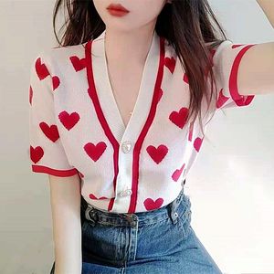 Neues Design Damen Herbst Sommer V-Ausschnitt Kurzarm Love Heart Print Strickshirt Pullover Cardigan Tops Tees SML