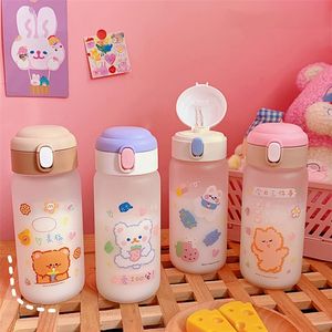 Creative Transparent Glass Water Bottle With Straw Cartoon Frosted Leakproof Travel Drinkware Cute Kids Student Girl Gift Cups 220217