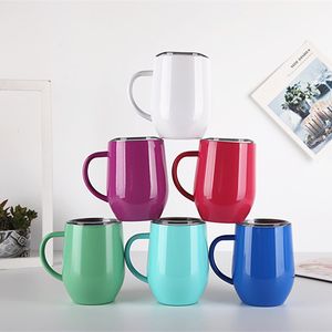 12oz Stainless Steel Coffee Cup With Lid Handle Egg Cups Tea Mug Water Bottle Wine Glasses Double Layer Beer Mugs Solid Tumbler YFA2963