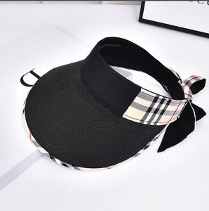 Women's Visors Big Brim Designer Hats with Plaid Ribbon Adjustable Hood strap Fashion Caps.Y014B15014